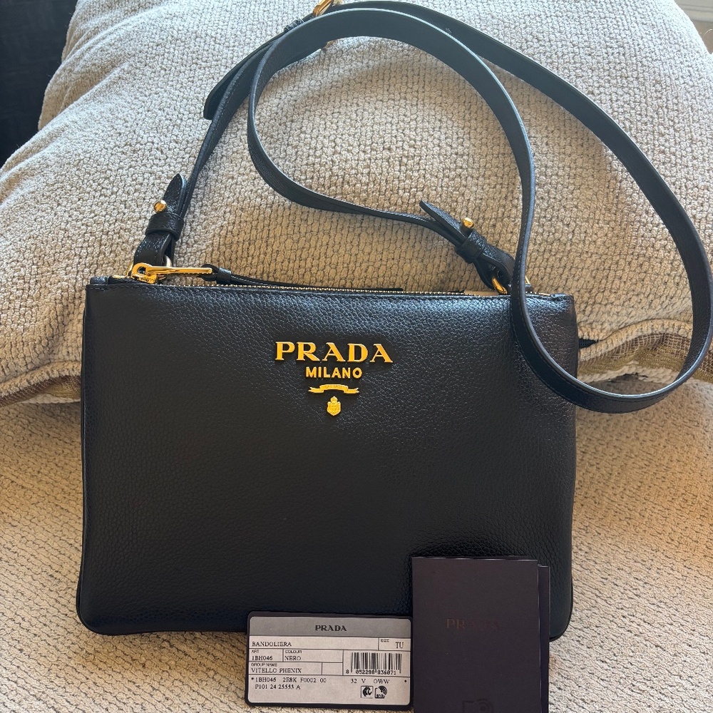 Authentic Prada Vitello Phenix Black Calfskin Leather Crossbody/Shoulder Bag